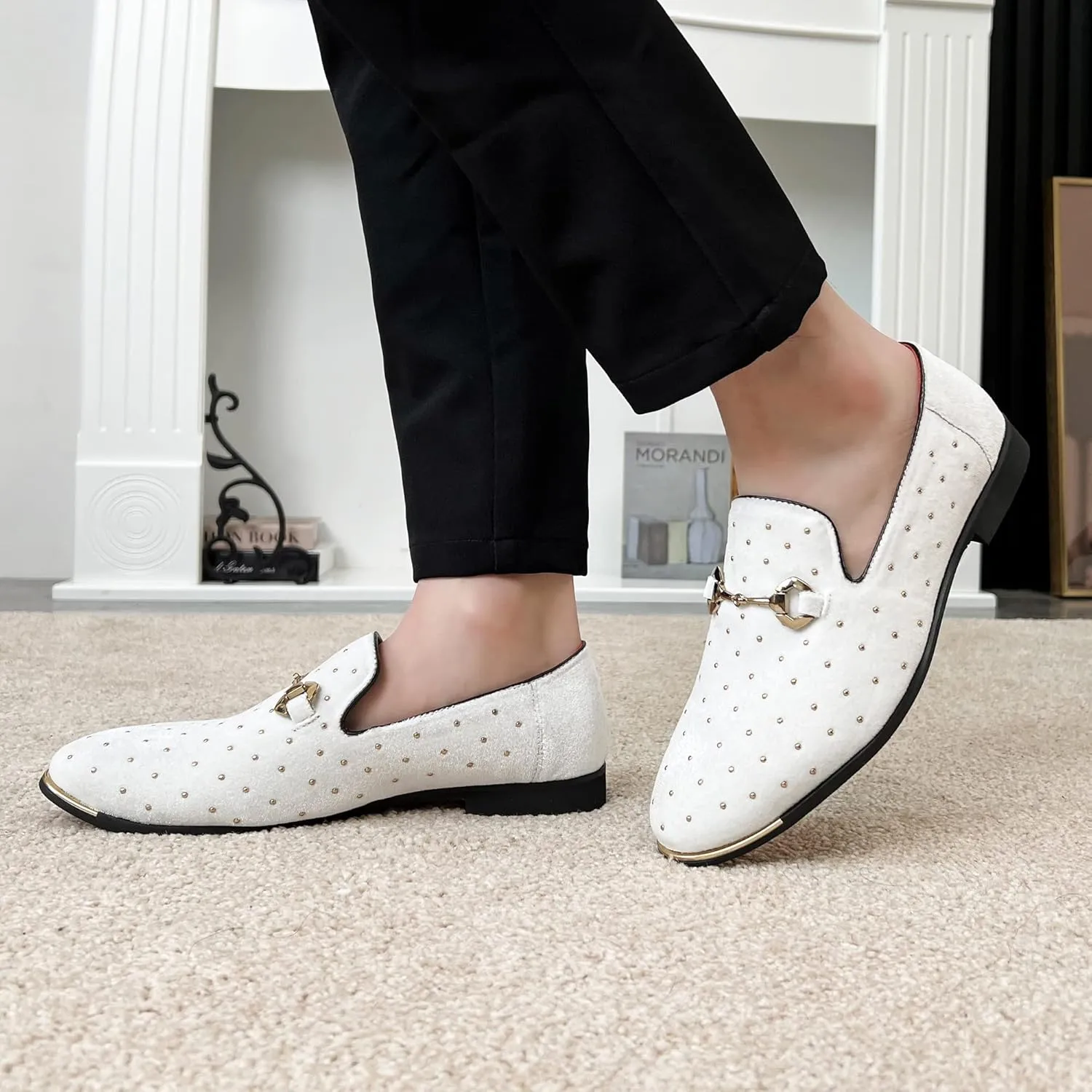 LCQL Men's Noble Suede Loafers Shoes Slip-on Dress Shoes with Gold Rivet Party Dancing Shoes Plus Size 7-12.5