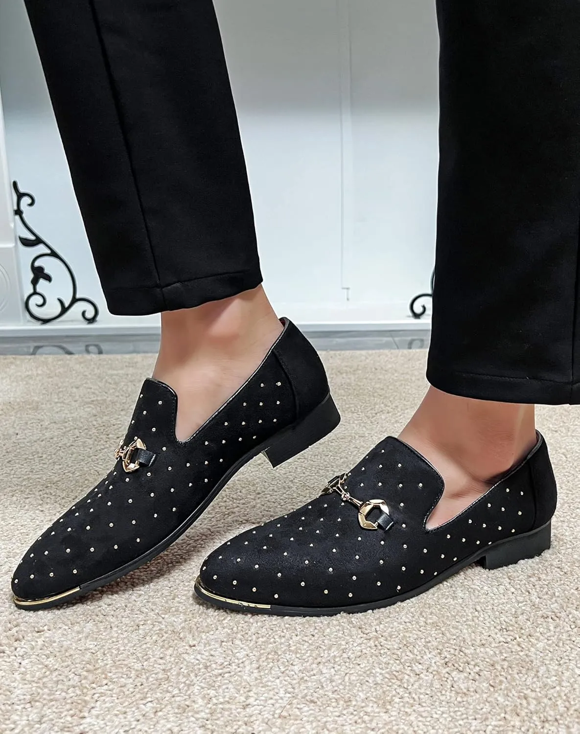 LCQL Men's Noble Suede Loafers Shoes Slip-on Dress Shoes with Gold Rivet Party Dancing Shoes Plus Size 7-12.5
