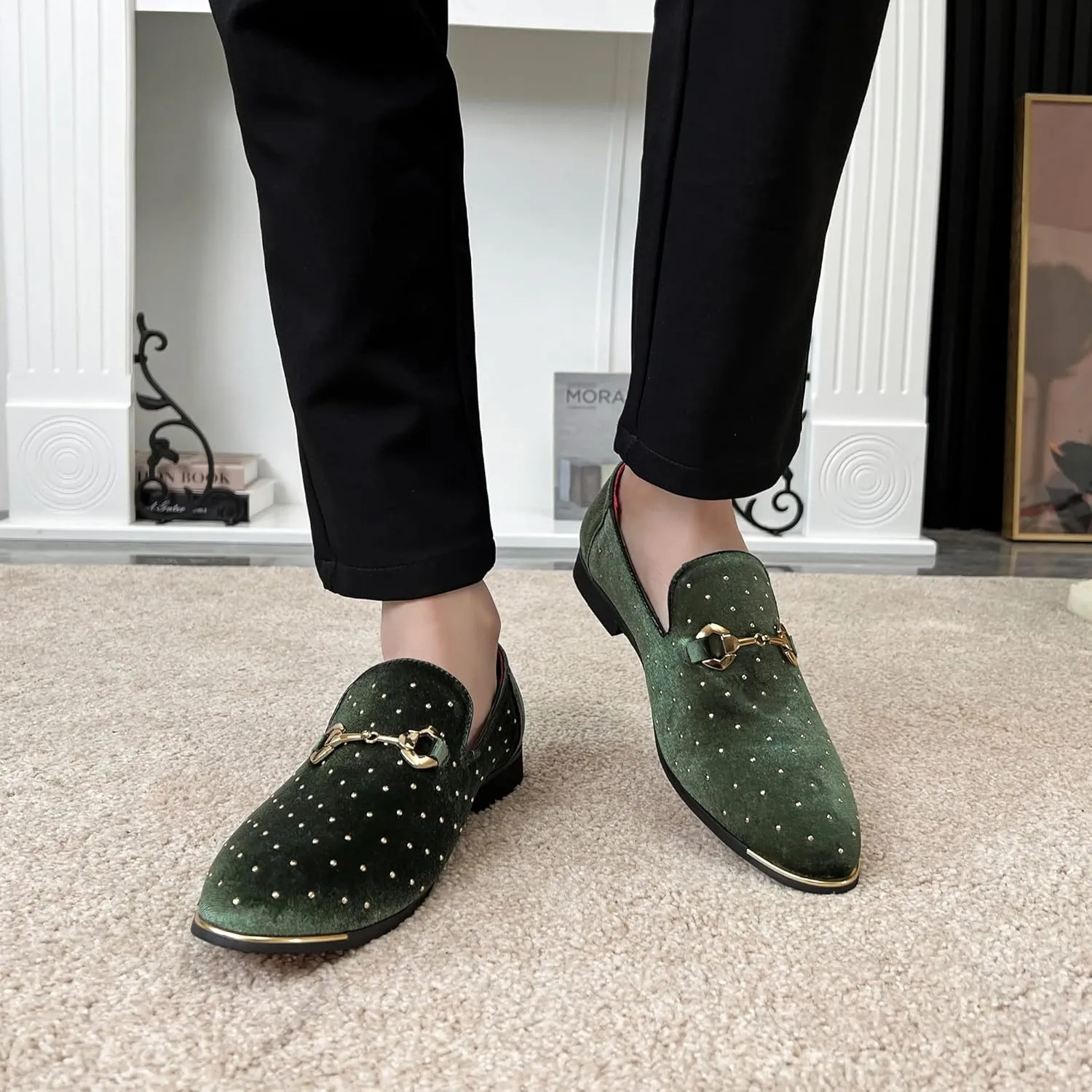 LCQL Men's Noble Suede Loafers Shoes Slip-on Dress Shoes with Gold Rivet Party Dancing Shoes Plus Size 7-12.5