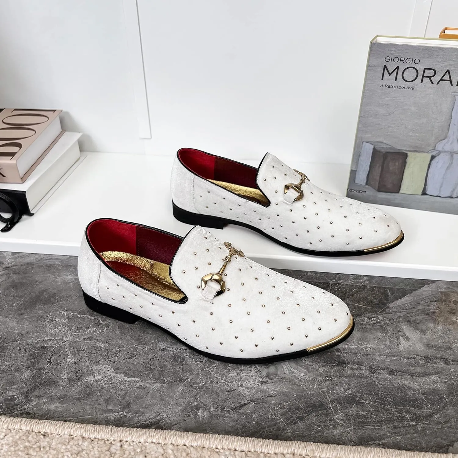 LCQL Men's Noble Suede Loafers Shoes Slip-on Dress Shoes with Gold Rivet Party Dancing Shoes Plus Size 7-12.5