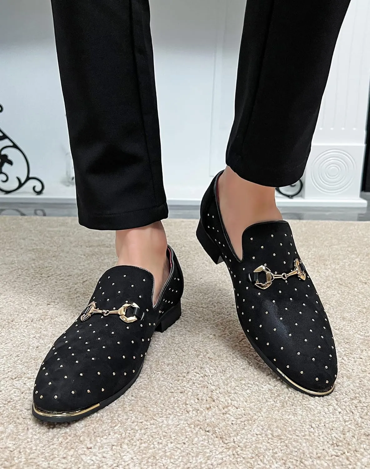 LCQL Men's Noble Suede Loafers Shoes Slip-on Dress Shoes with Gold Rivet Party Dancing Shoes Plus Size 7-12.5