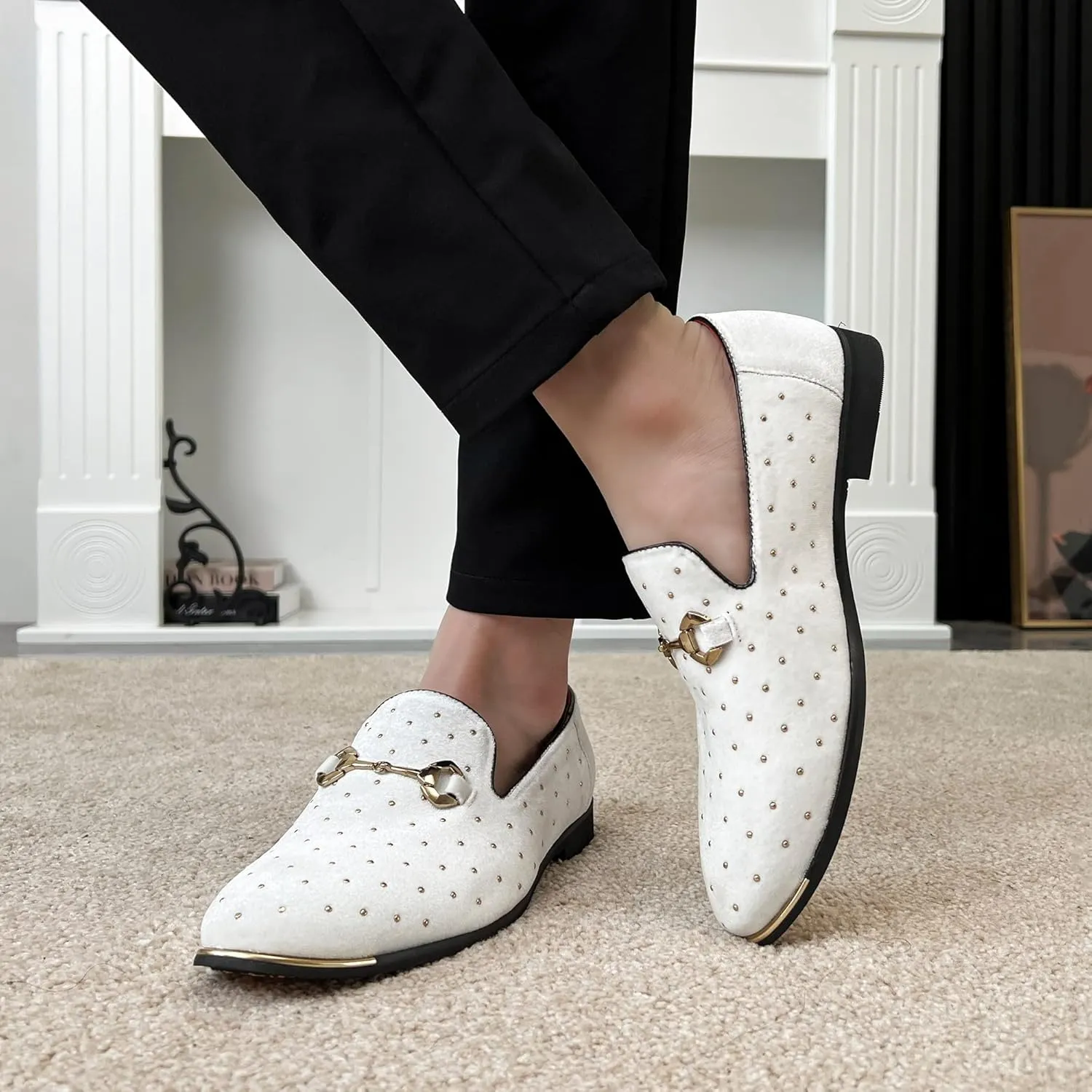 LCQL Men's Noble Suede Loafers Shoes Slip-on Dress Shoes with Gold Rivet Party Dancing Shoes Plus Size 7-12.5