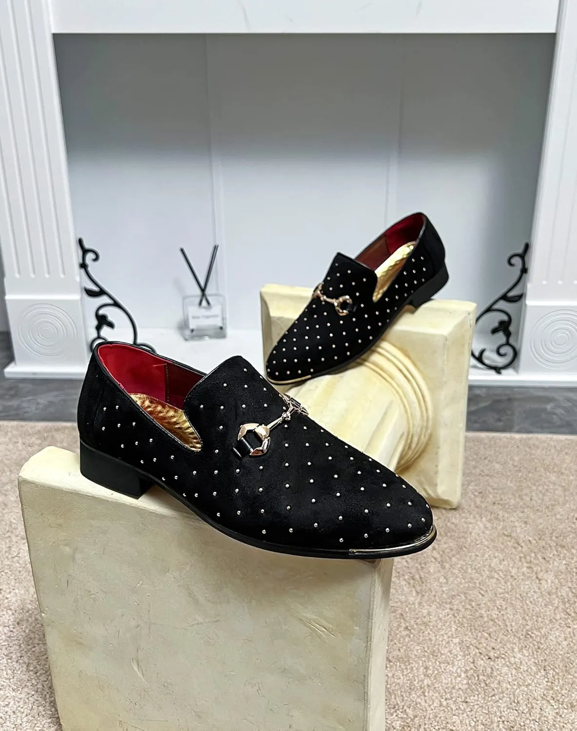 LCQL Men's Noble Suede Loafers Shoes Slip-on Dress Shoes with Gold Rivet Party Dancing Shoes Plus Size 7-12.5