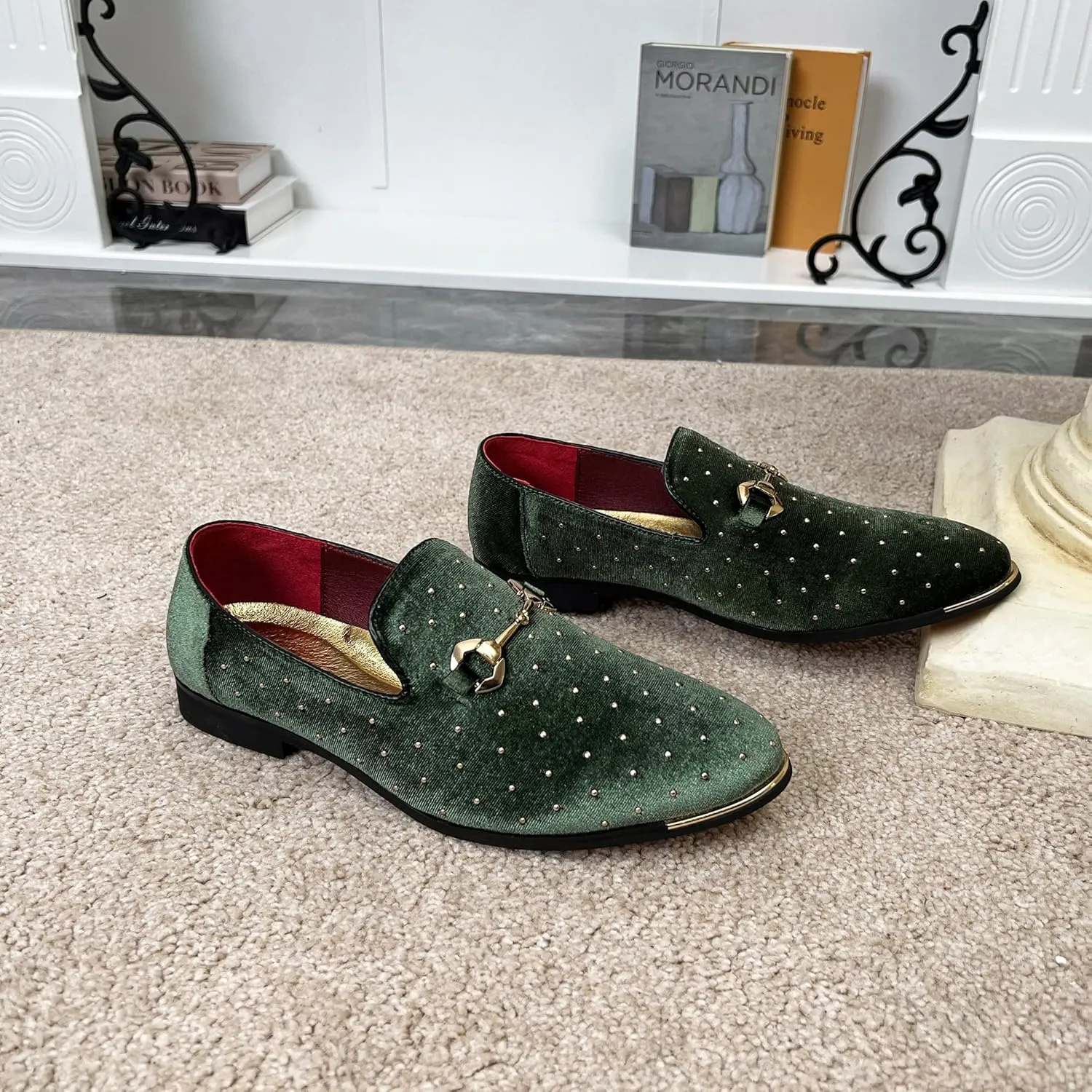 LCQL Men's Noble Suede Loafers Shoes Slip-on Dress Shoes with Gold Rivet Party Dancing Shoes Plus Size 7-12.5