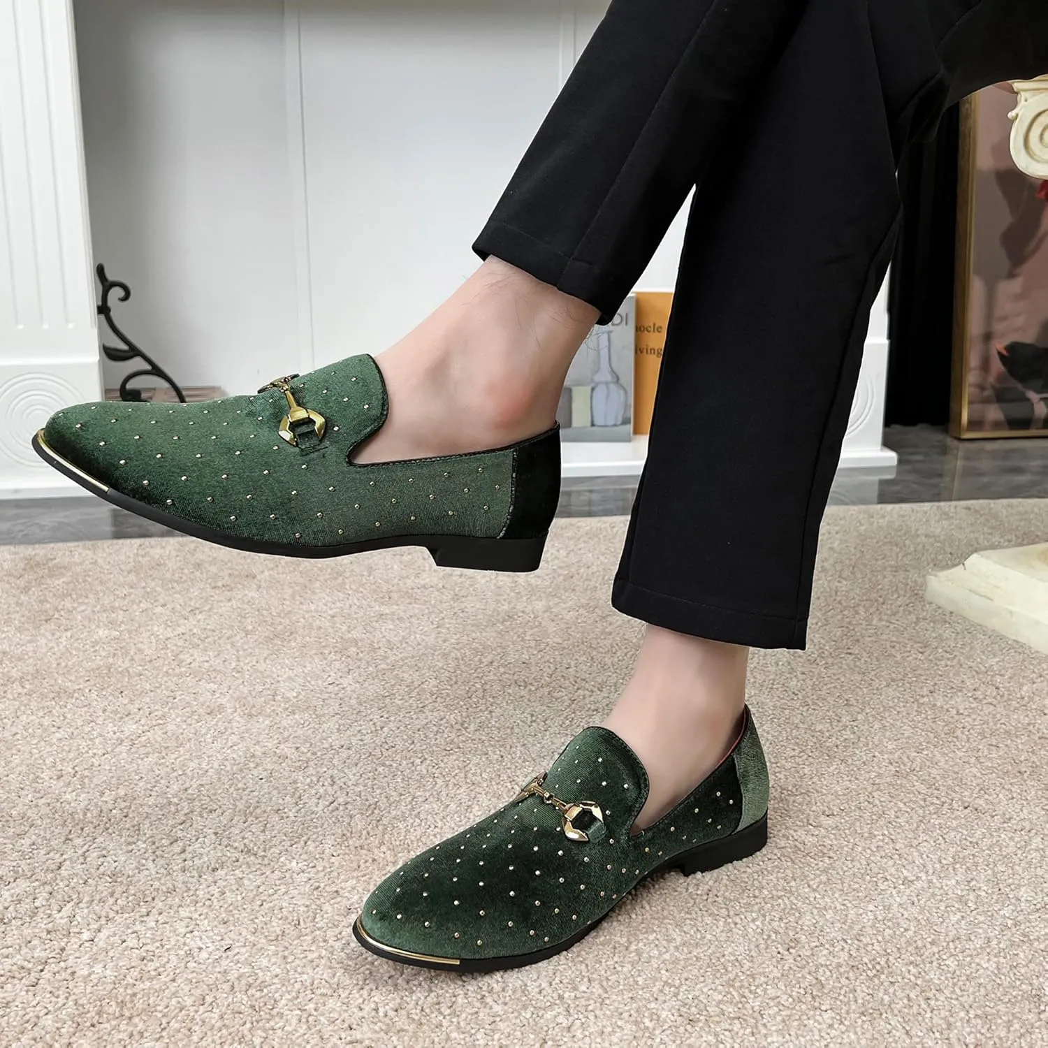 LCQL Men's Noble Suede Loafers Shoes Slip-on Dress Shoes with Gold Rivet Party Dancing Shoes Plus Size 7-12.5