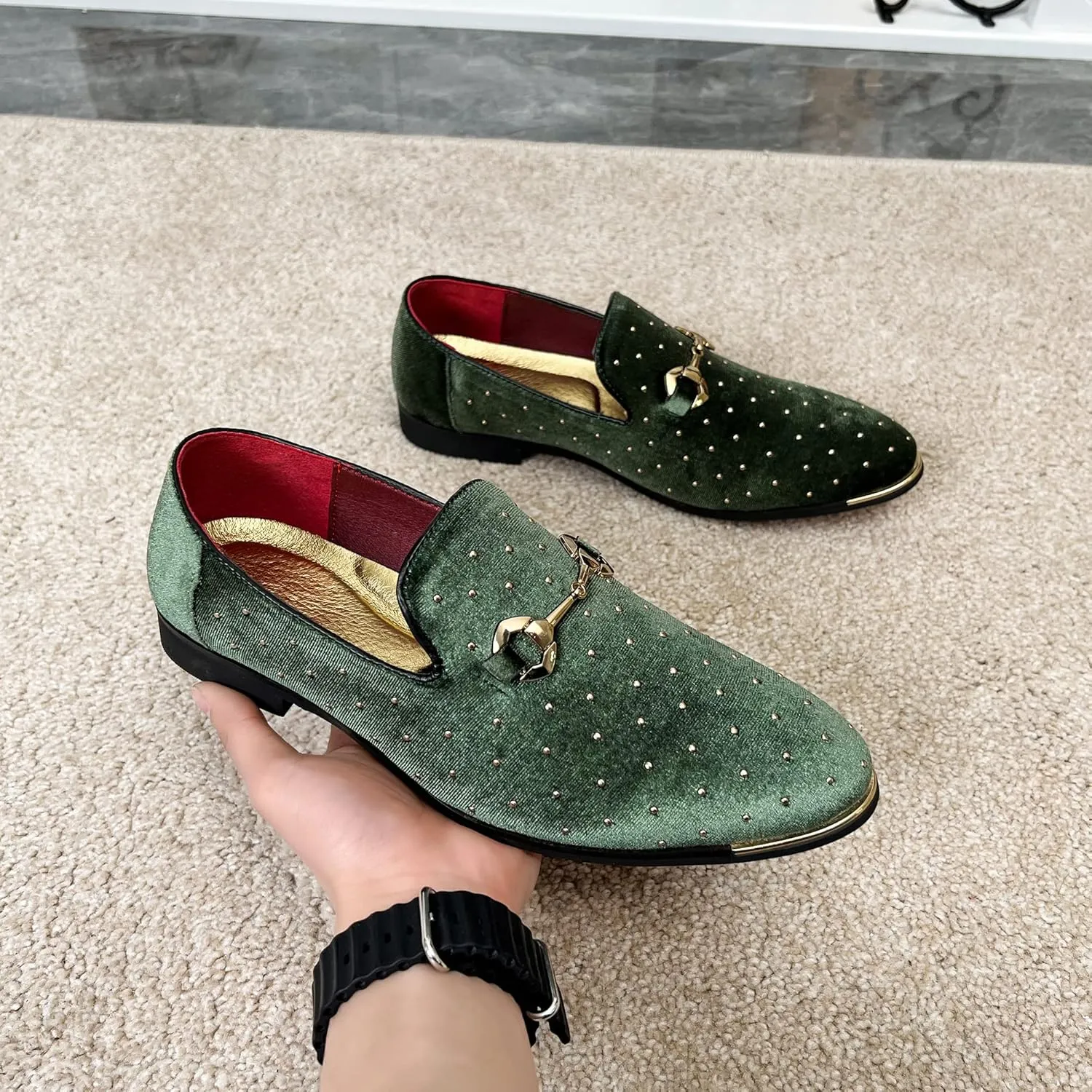 LCQL Men's Noble Suede Loafers Shoes Slip-on Dress Shoes with Gold Rivet Party Dancing Shoes Plus Size 7-12.5