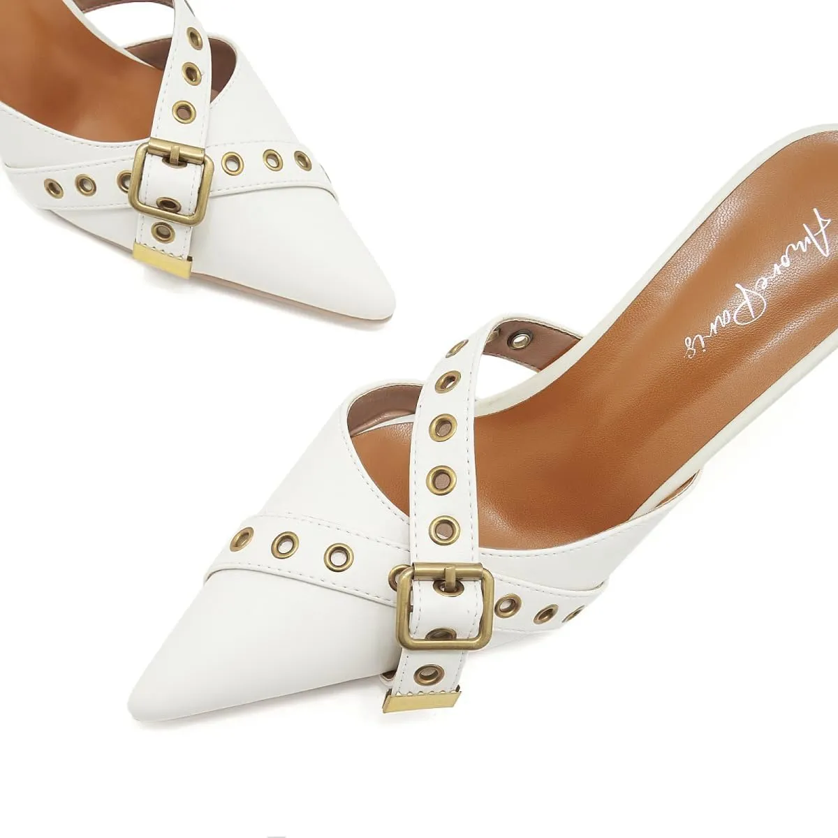 Leather Buckle Strap Kitten Heel Mules Pointed Toe Vintage Heeled Slide Sandals Studs Stiletto Mid Heel Pumps