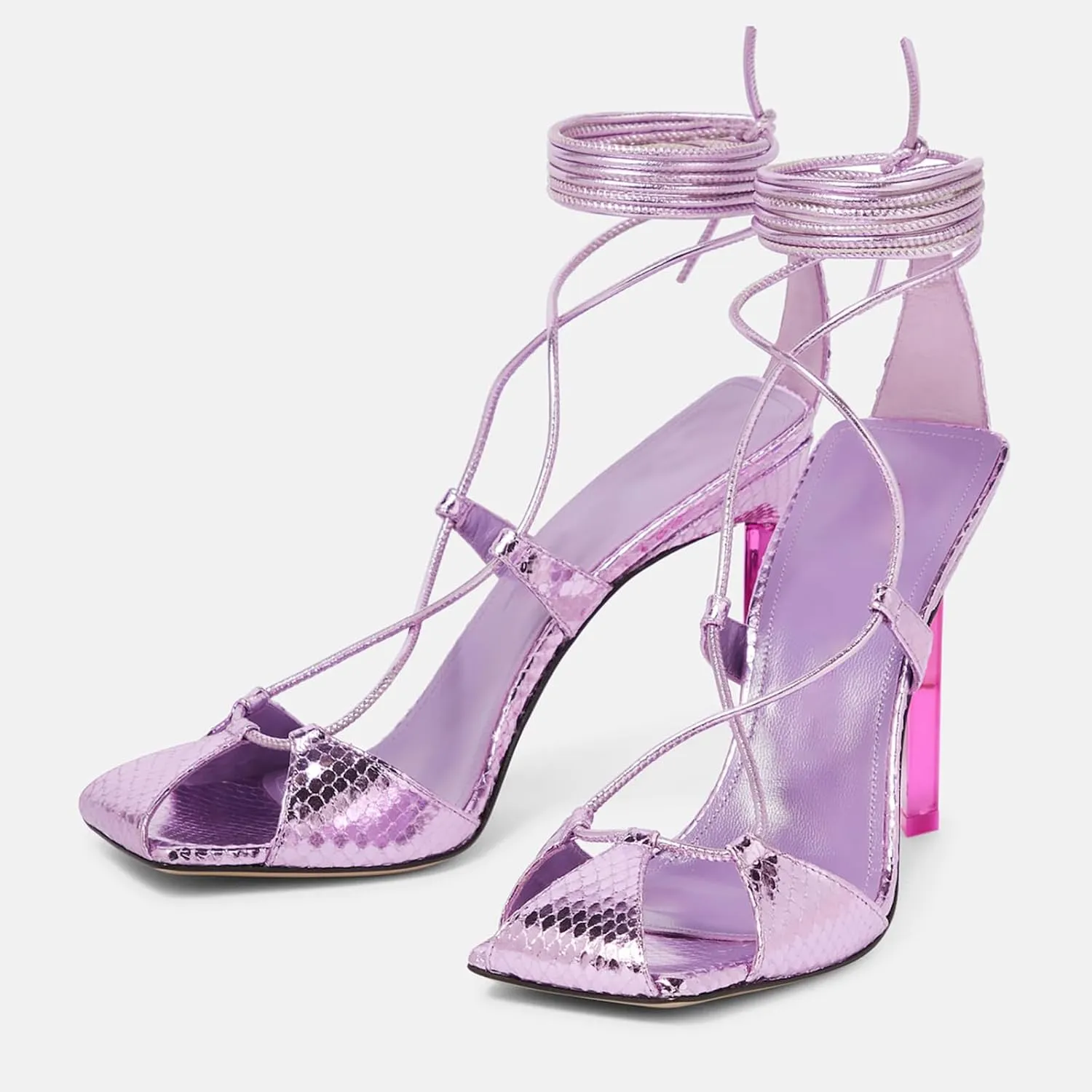 Leather Lace-Up High Heel Sandals, Across Strap Stiletto Heels, Closed Square Toe Wedding Party Dress Shoes