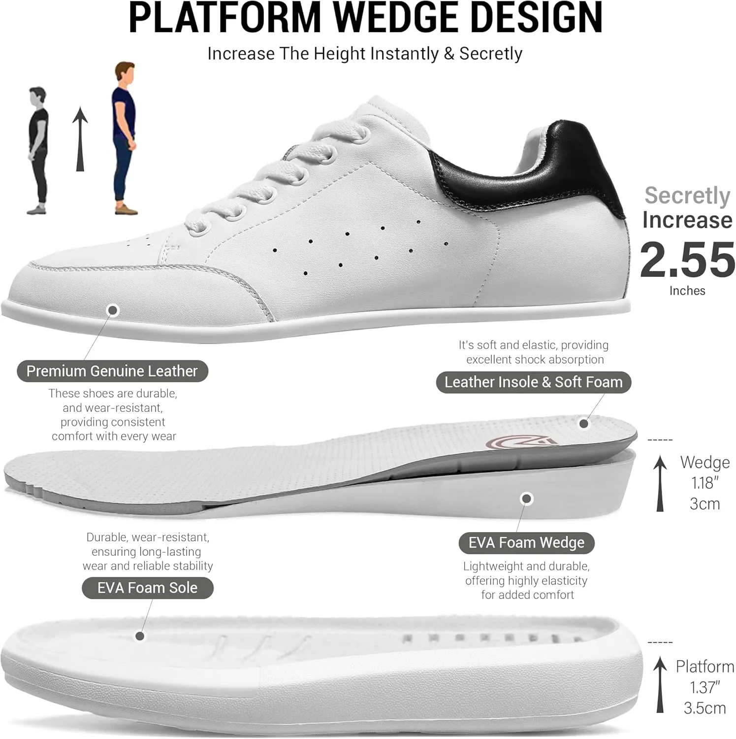 Leather Lace-up Platform Wedge Sneakers, 3 Inch Height Increasing Shoes, White Tennis Walking Shoes for Men & Women
