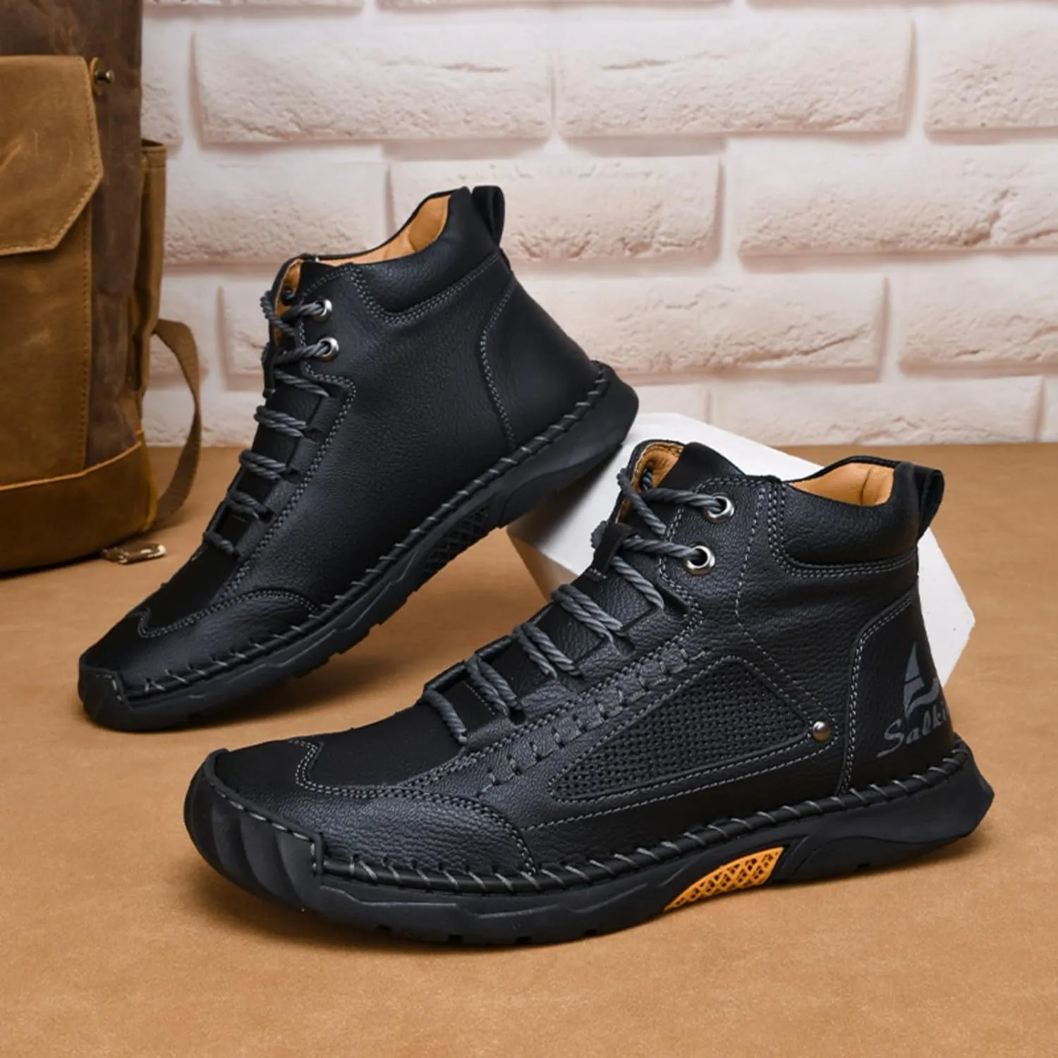LELEBEAR Sawbehind Mens Boots Waterproof Leather Shoes, Comfortable Handmade Outdoor Boots with Arch Support and Non-Slip Rubber Sole