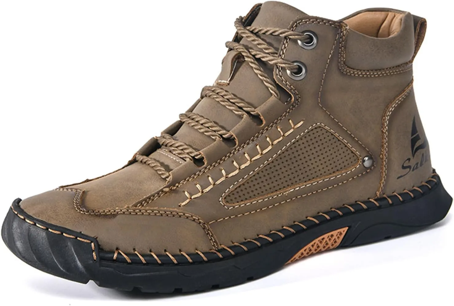 LELEBEAR Sawbehind Mens Boots Waterproof Leather Shoes, Comfortable Handmade Outdoor Boots with Arch Support and Non-Slip Rubber Sole
