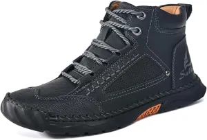 LELEBEAR Sawbehind Mens Boots Waterproof Leather Shoes, Comfortable Handmade Outdoor Boots with Arch Support and Non-Slip Rubber Sole