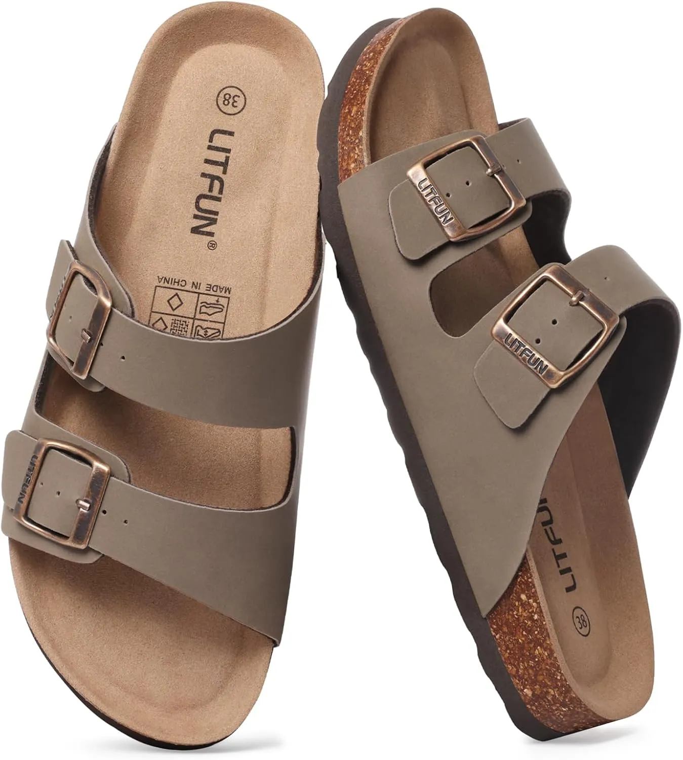 Litfun Women's Cork Footbed Sandal Summer Slip On Slide Sandals with Adjustable Buckle