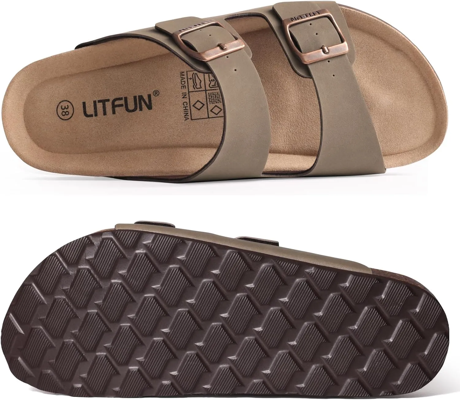 Litfun Women's Cork Footbed Sandal Summer Slip On Slide Sandals with Adjustable Buckle