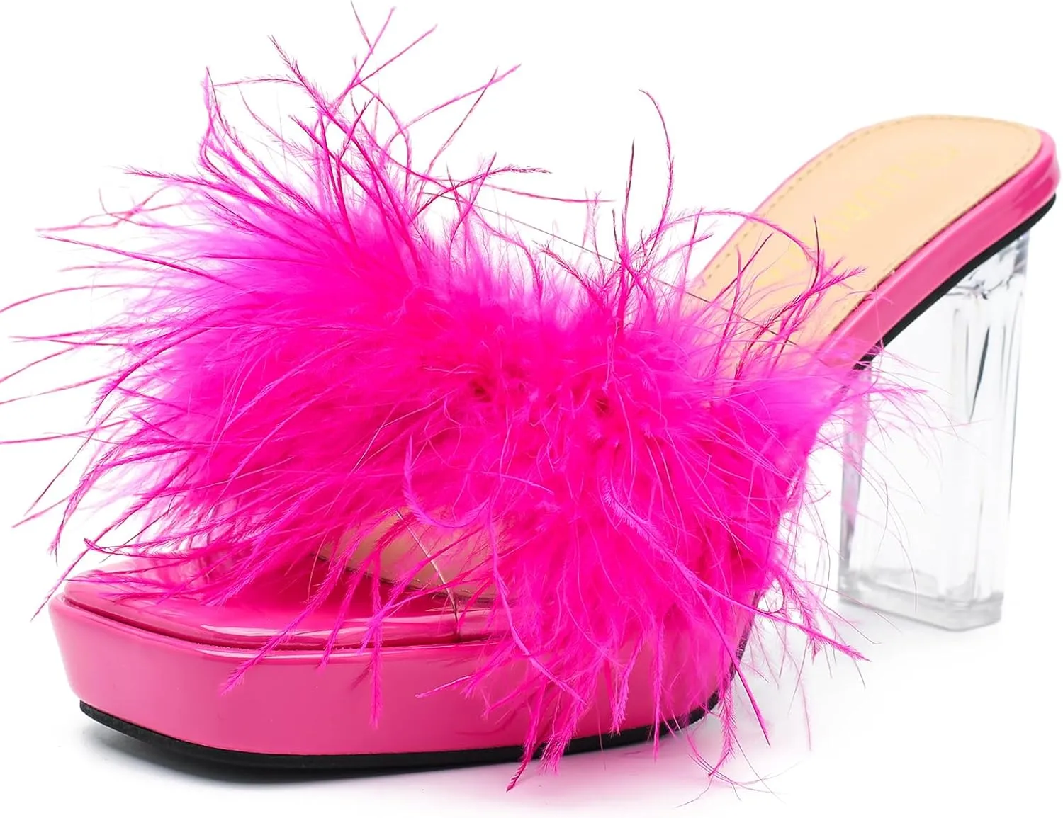 LIURUIJIA Women's Square Toe Platform Chunky Heel Slip on Sandals Feather Fuzzy Heels Mules Wedding Bridal Party Dress Shoes