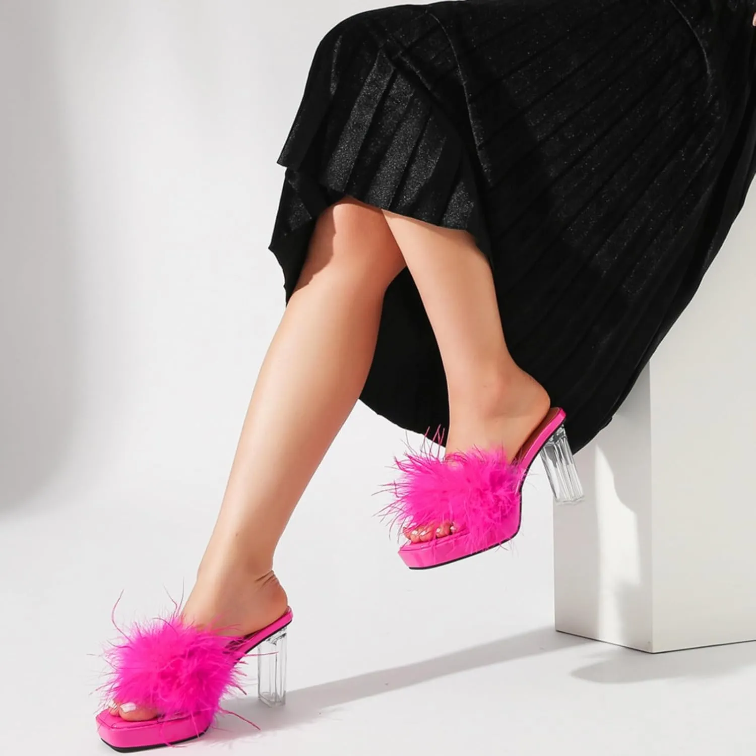LIURUIJIA Women's Square Toe Platform Chunky Heel Slip on Sandals Feather Fuzzy Heels Mules Wedding Bridal Party Dress Shoes