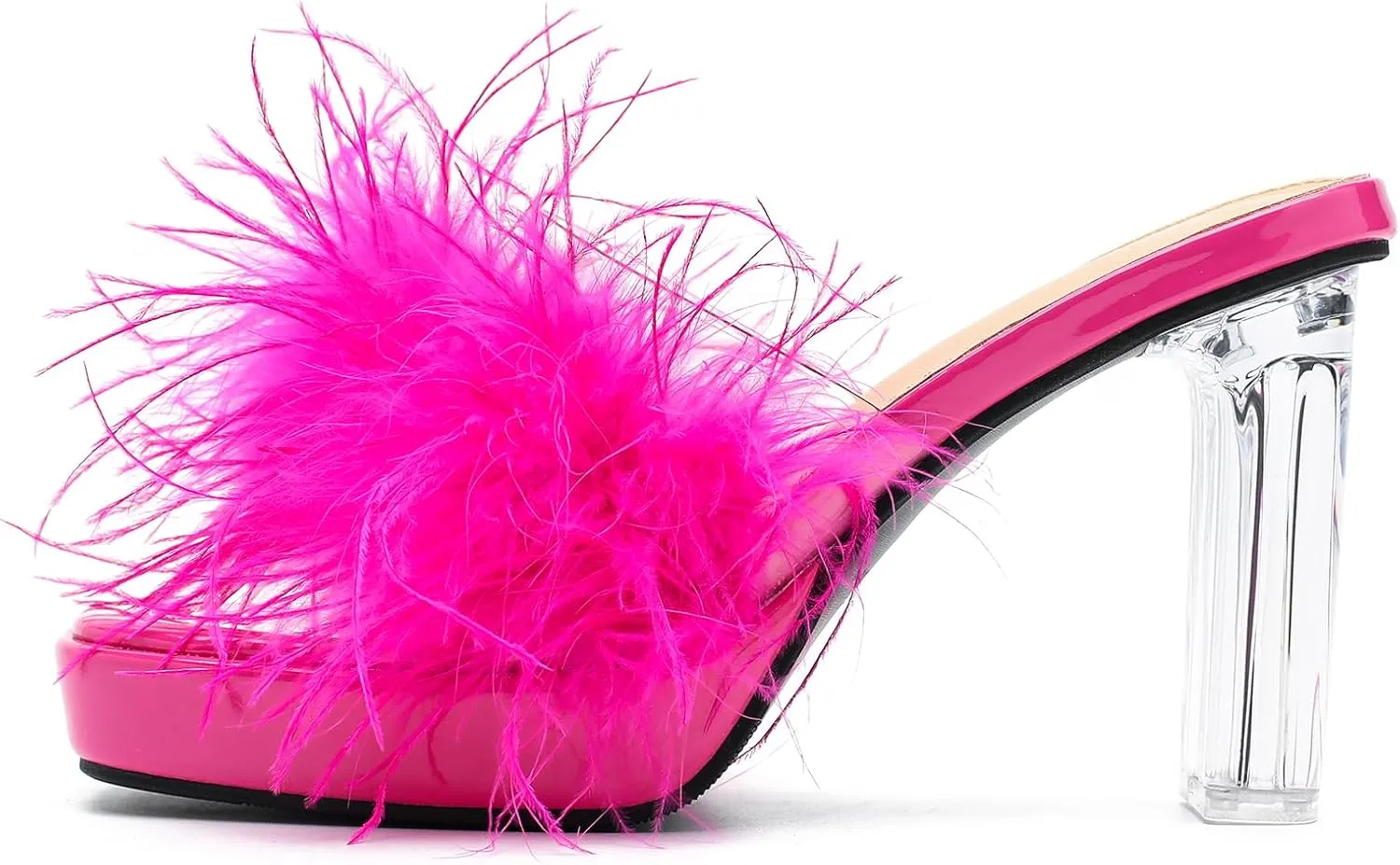 LIURUIJIA Women's Square Toe Platform Chunky Heel Slip on Sandals Feather Fuzzy Heels Mules Wedding Bridal Party Dress Shoes