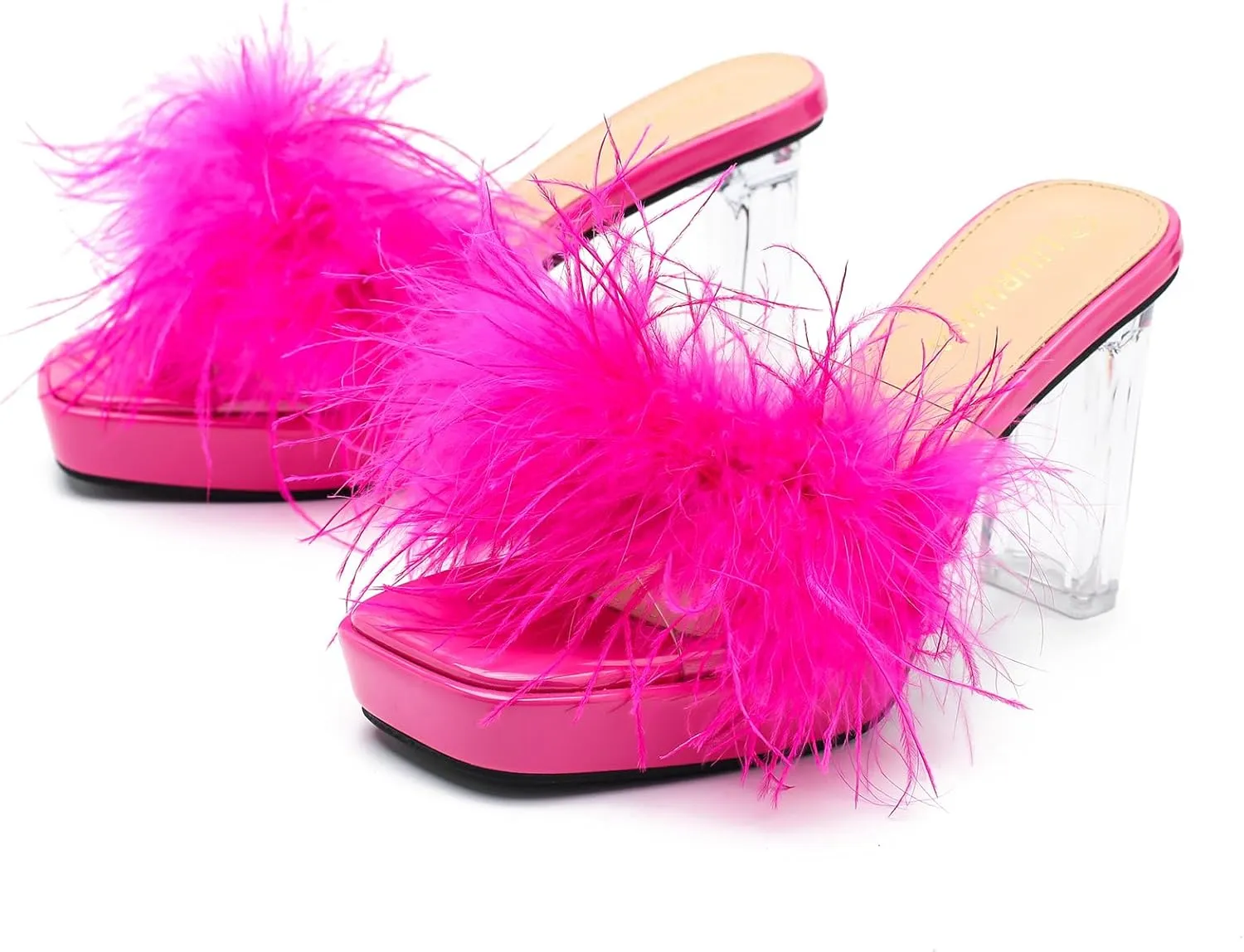 LIURUIJIA Women's Square Toe Platform Chunky Heel Slip on Sandals Feather Fuzzy Heels Mules Wedding Bridal Party Dress Shoes