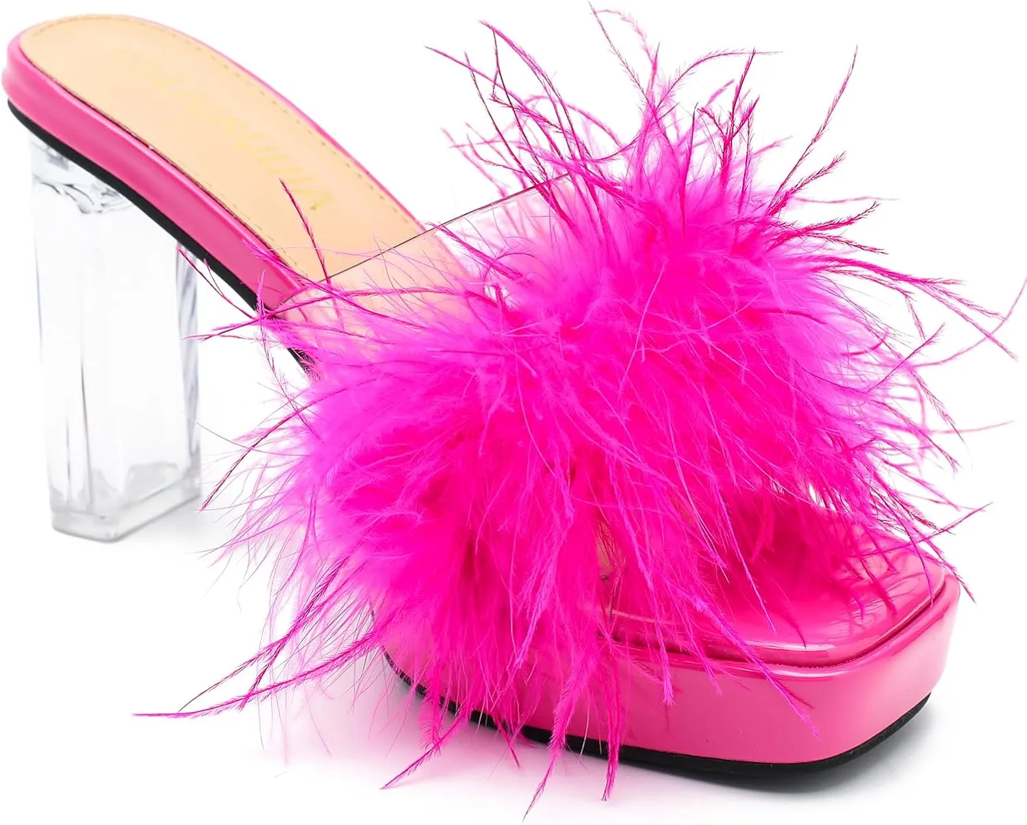 LIURUIJIA Women's Square Toe Platform Chunky Heel Slip on Sandals Feather Fuzzy Heels Mules Wedding Bridal Party Dress Shoes
