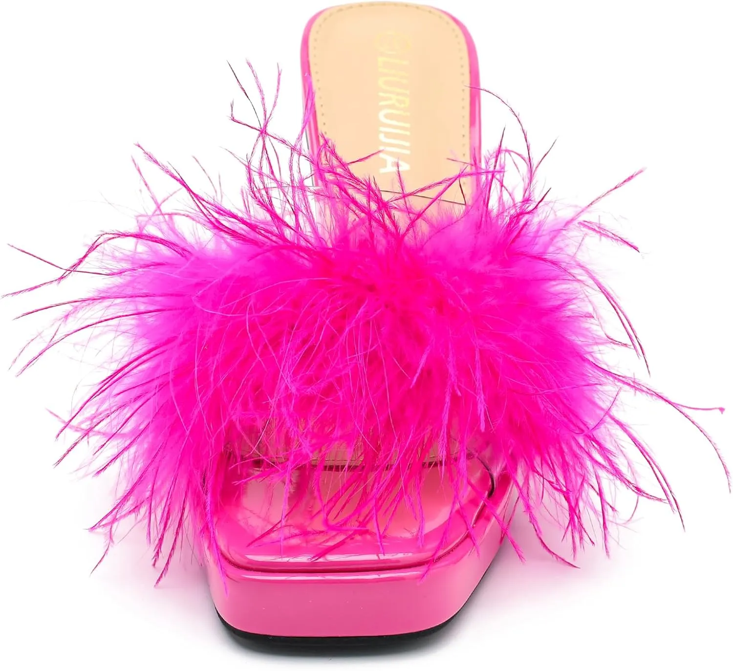 LIURUIJIA Women's Square Toe Platform Chunky Heel Slip on Sandals Feather Fuzzy Heels Mules Wedding Bridal Party Dress Shoes