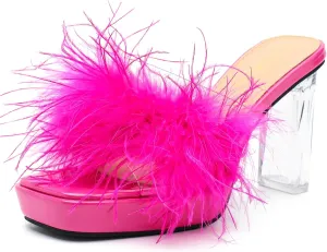 LIURUIJIA Women's Square Toe Platform Chunky Heel Slip on Sandals Feather Fuzzy Heels Mules Wedding Bridal Party Dress Shoes