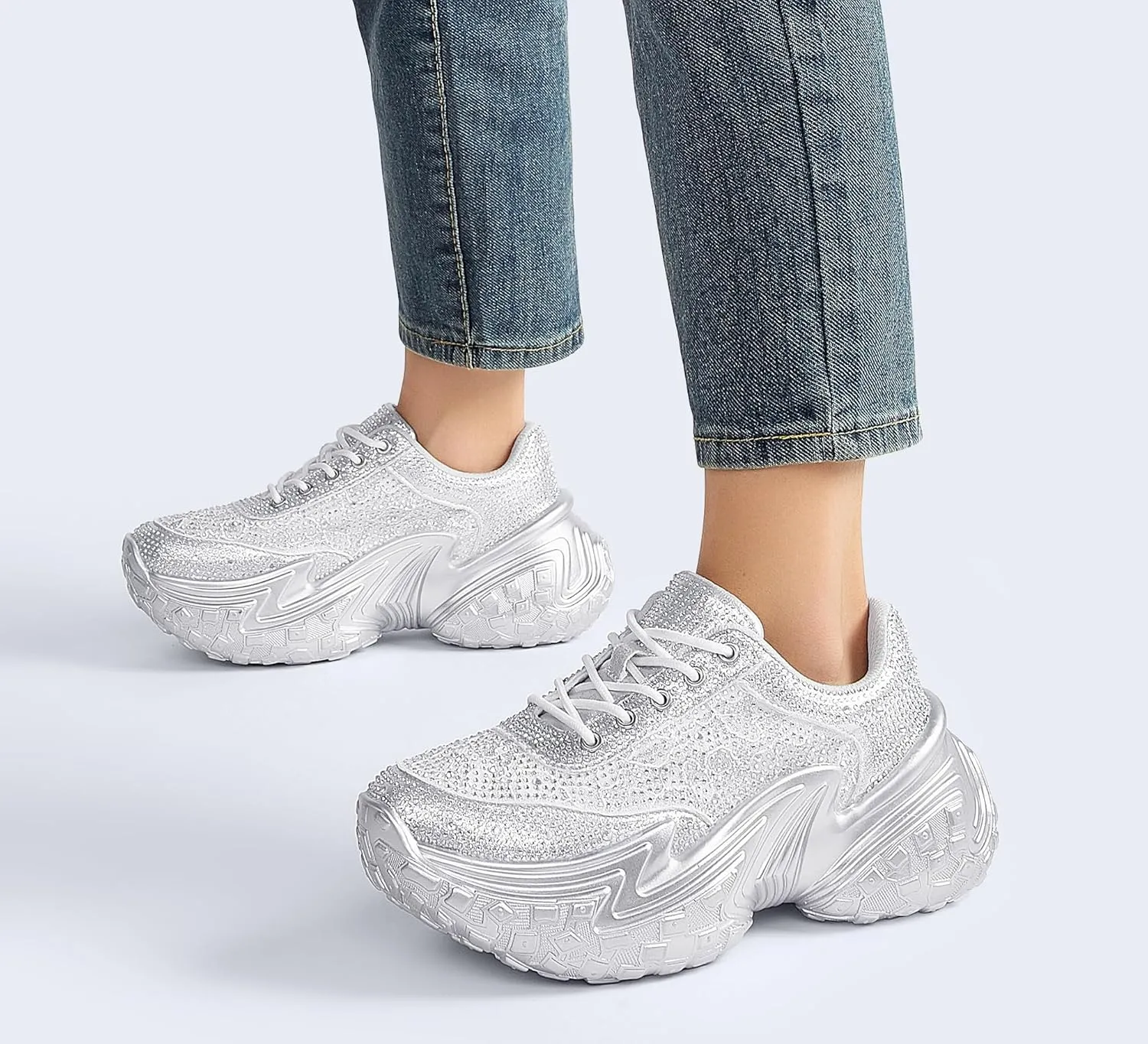 LUCKY STEP Women's Chunky Sneakers Platform Fashion Rhinestone Sparkly Dad Walking Shoes Butterfly Lace Wedge Casual Shiny Thick Sole Footwear