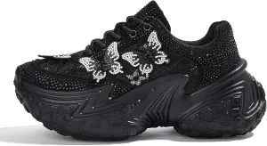 LUCKY STEP Women's Chunky Sneakers Platform Fashion Rhinestone Sparkly Dad Walking Shoes Butterfly Lace Wedge Casual Shiny Thick Sole Footwear