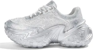 LUCKY STEP Women's Chunky Sneakers Platform Fashion Rhinestone Sparkly Dad Walking Shoes Butterfly Lace Wedge Casual Shiny Thick Sole Footwear