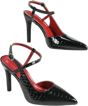 Luxury Black Patent Leather High Heel Sandals for Women – Crocodile Texture Pointed-Toe Pumps with Adjustable Ankle Straps, Red Insole, Perfect for Business Meetings, Banquets, and Formal Events