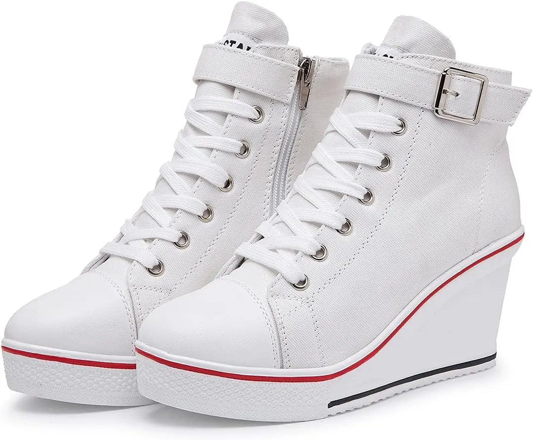 Mei MACLEOD Wedge Heel Sneaker for Women High Heel Sneaker Side Zipper/Lace Up Canvas Shoes for Ladies College Students