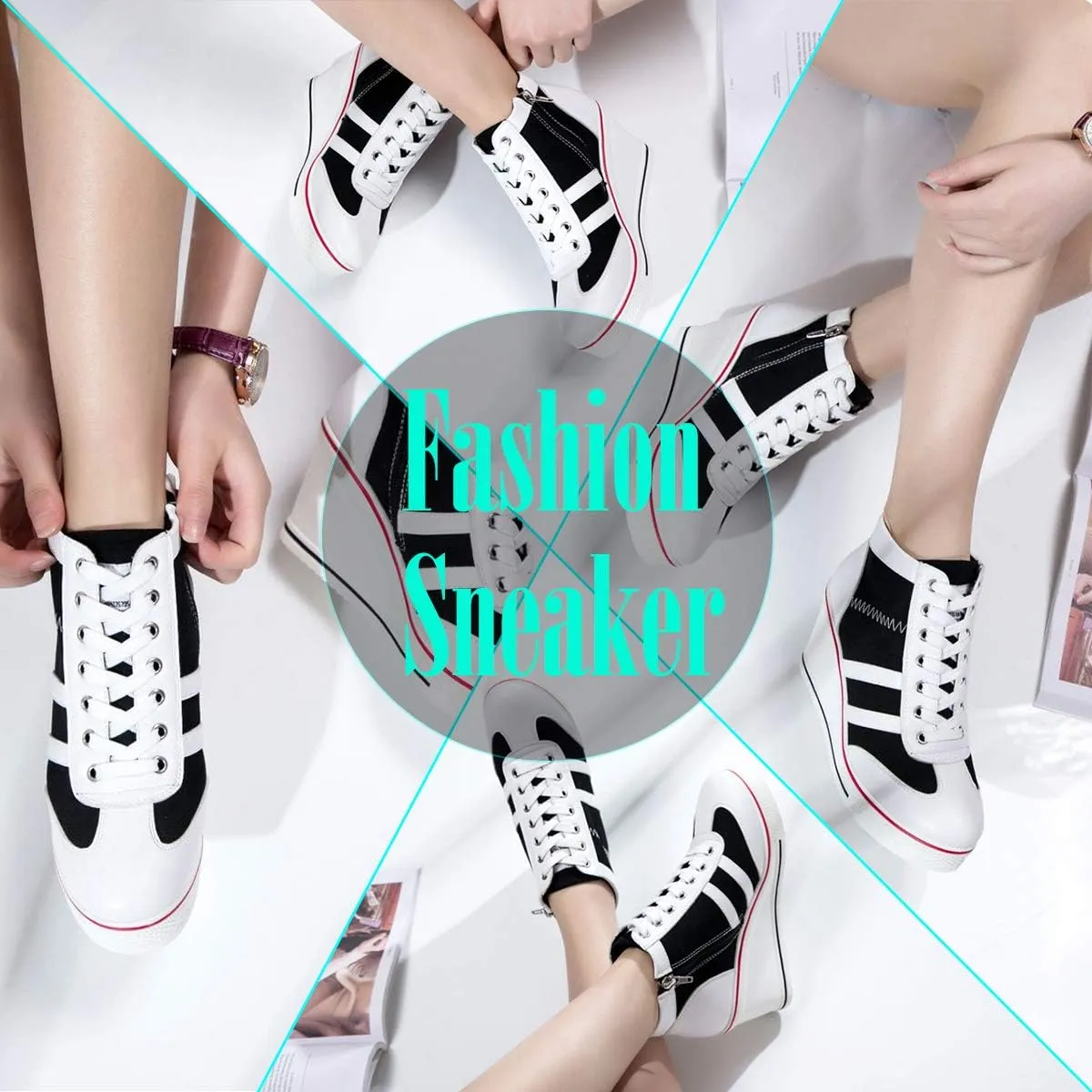 Mei MACLEOD Women Wedge Sneakers Platform Wedge High Heel Sneakers Ankle Booties Casual Canvas Shoes