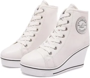Mei MACLEOD Women's Canvas Shoes High Heel Wedge Sneakers High Top Sneakers Casual Lace Up Shoes for Teen Girls College Student
