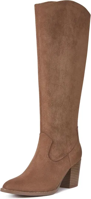 MeiLuSi Womens Knee High Boots Pointed Toe Suede Boots Chunky Heel Faux Slouchy Boots Wide Calf Tall Fall Boots Side Zipper