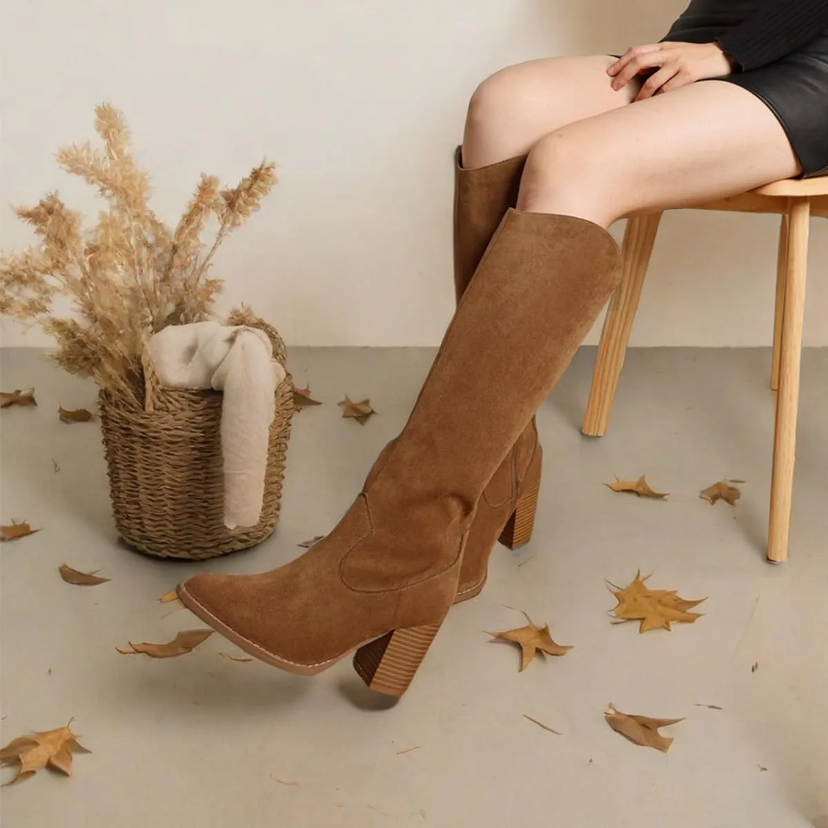 MeiLuSi Womens Knee High Boots Pointed Toe Suede Boots Chunky Heel Faux Slouchy Boots Wide Calf Tall Fall Boots Side Zipper