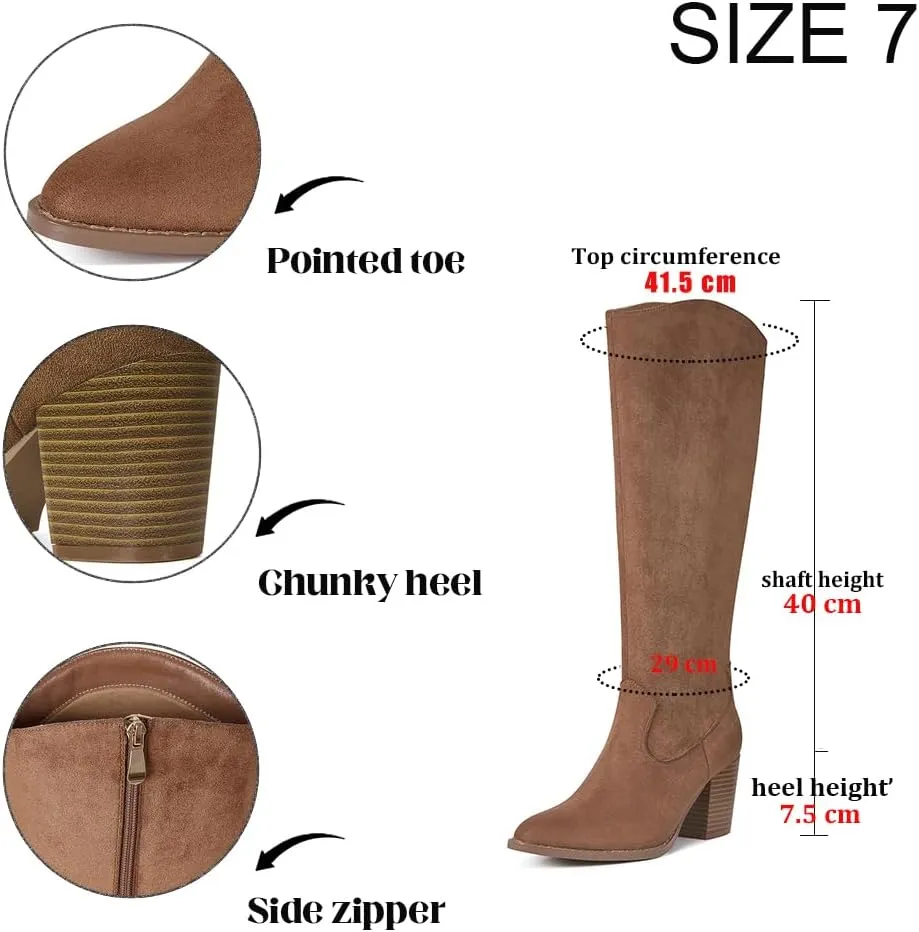 MeiLuSi Womens Knee High Boots Pointed Toe Suede Boots Chunky Heel Faux Slouchy Boots Wide Calf Tall Fall Boots Side Zipper