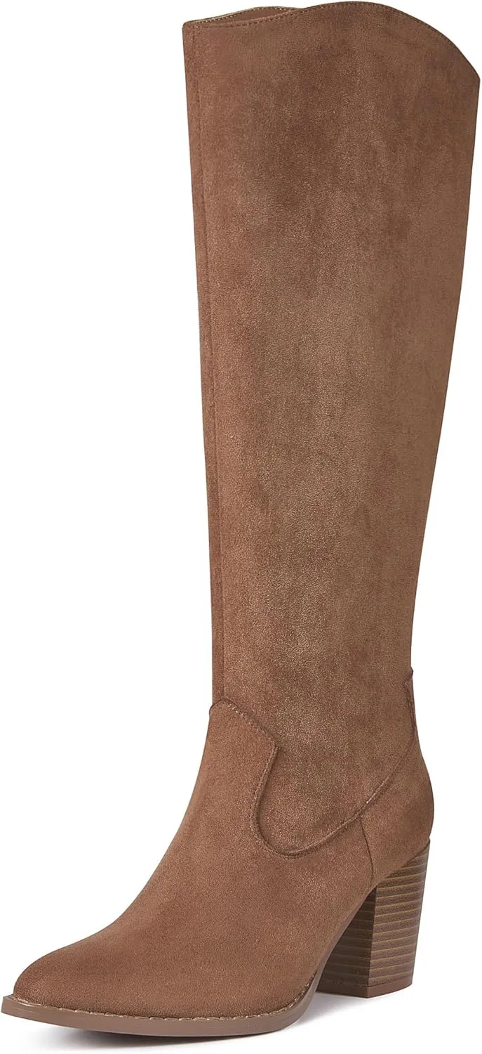 MeiLuSi Womens Knee High Boots Pointed Toe Suede Boots Chunky Heel Faux Slouchy Boots Wide Calf Tall Fall Boots Side Zipper