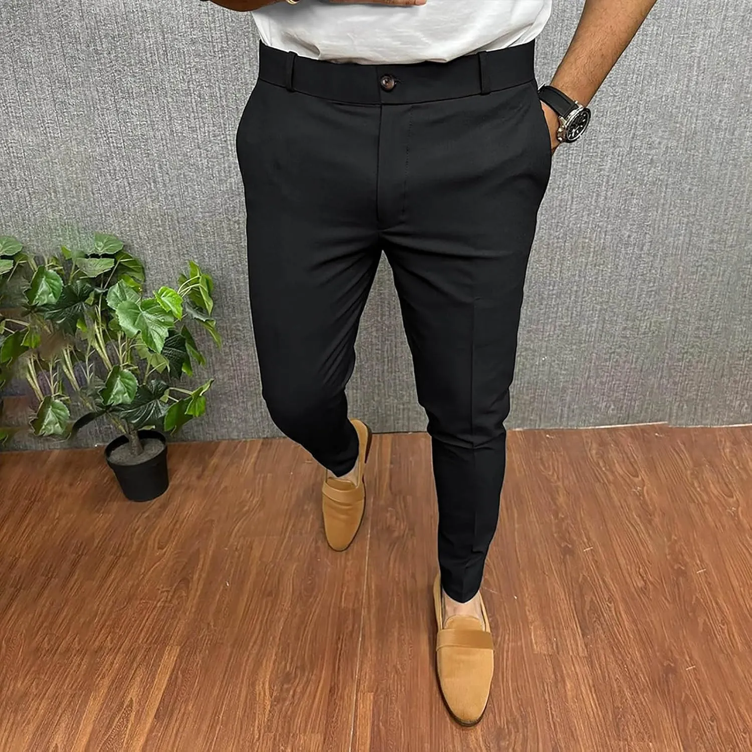 Mens Business Casual Pants Slim Fit Cotton Lightweight Straight Leg Pants with Pockets Retro Skinny Work Pants