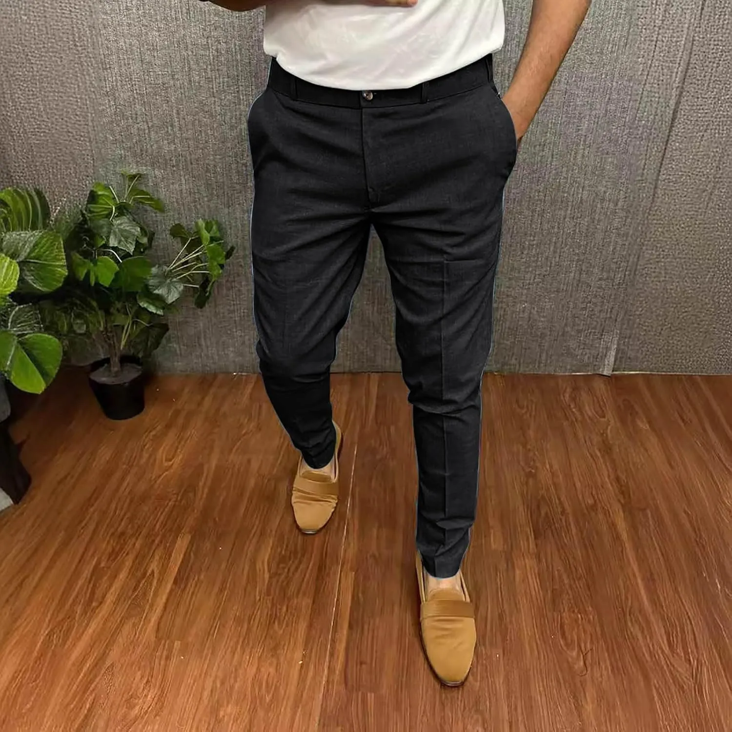 Mens Business Casual Pants Slim Fit Cotton Lightweight Straight Leg Pants with Pockets Retro Skinny Work Pants