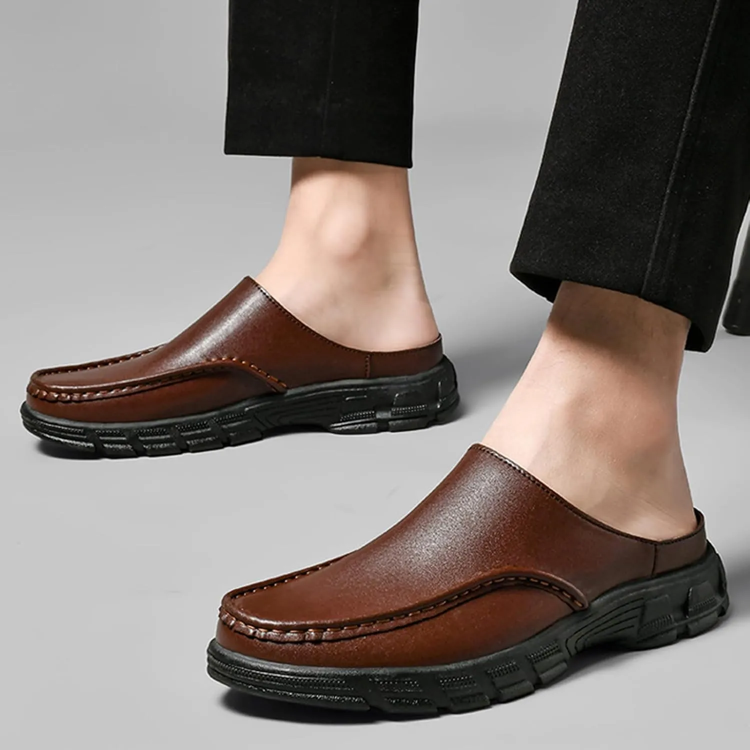 Men's Genuine Leather Lug Sole Dress Mules Comfort Wide Round Toe Soft Bottom Non Slip Slip-On Casual Slides Sandals for Office Daily Walking