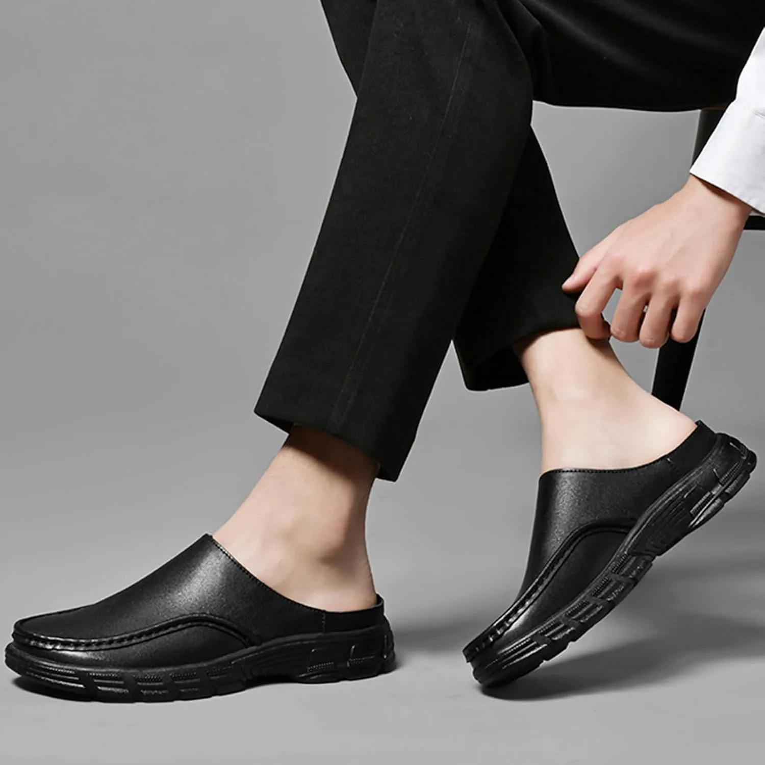 Men's Genuine Leather Lug Sole Dress Mules Comfort Wide Round Toe Soft Bottom Non Slip Slip-On Casual Slides Sandals for Office Daily Walking