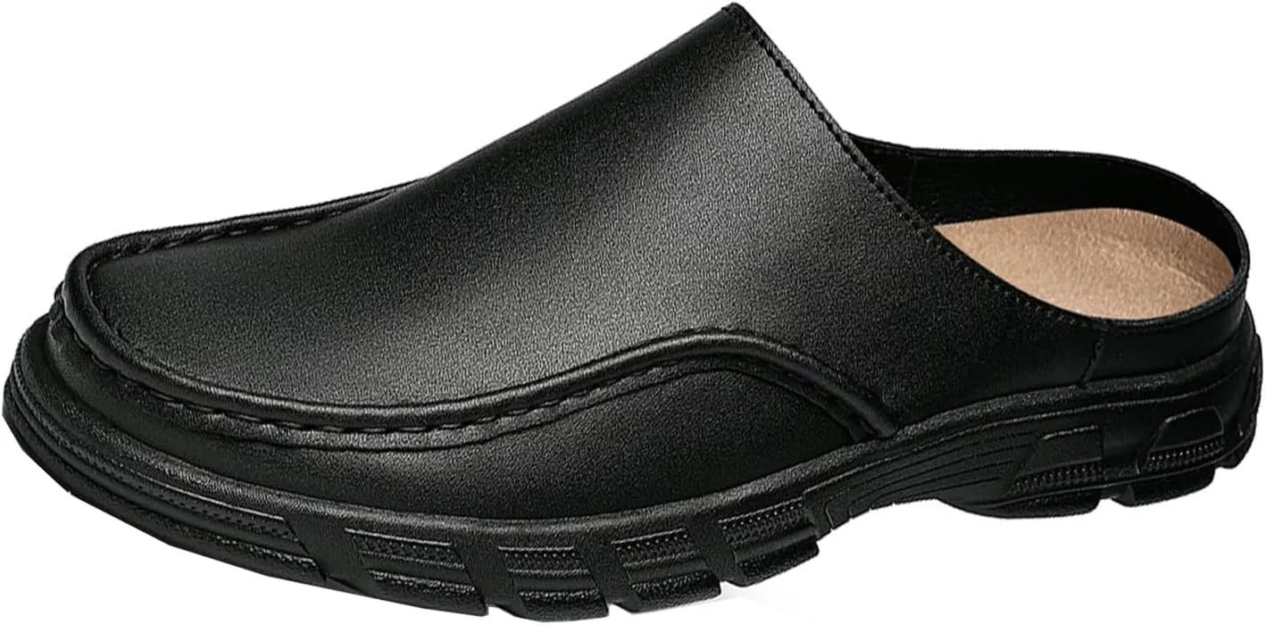 Men's Genuine Leather Lug Sole Dress Mules Comfort Wide Round Toe Soft Bottom Non Slip Slip-On Casual Slides Sandals for Office Daily Walking