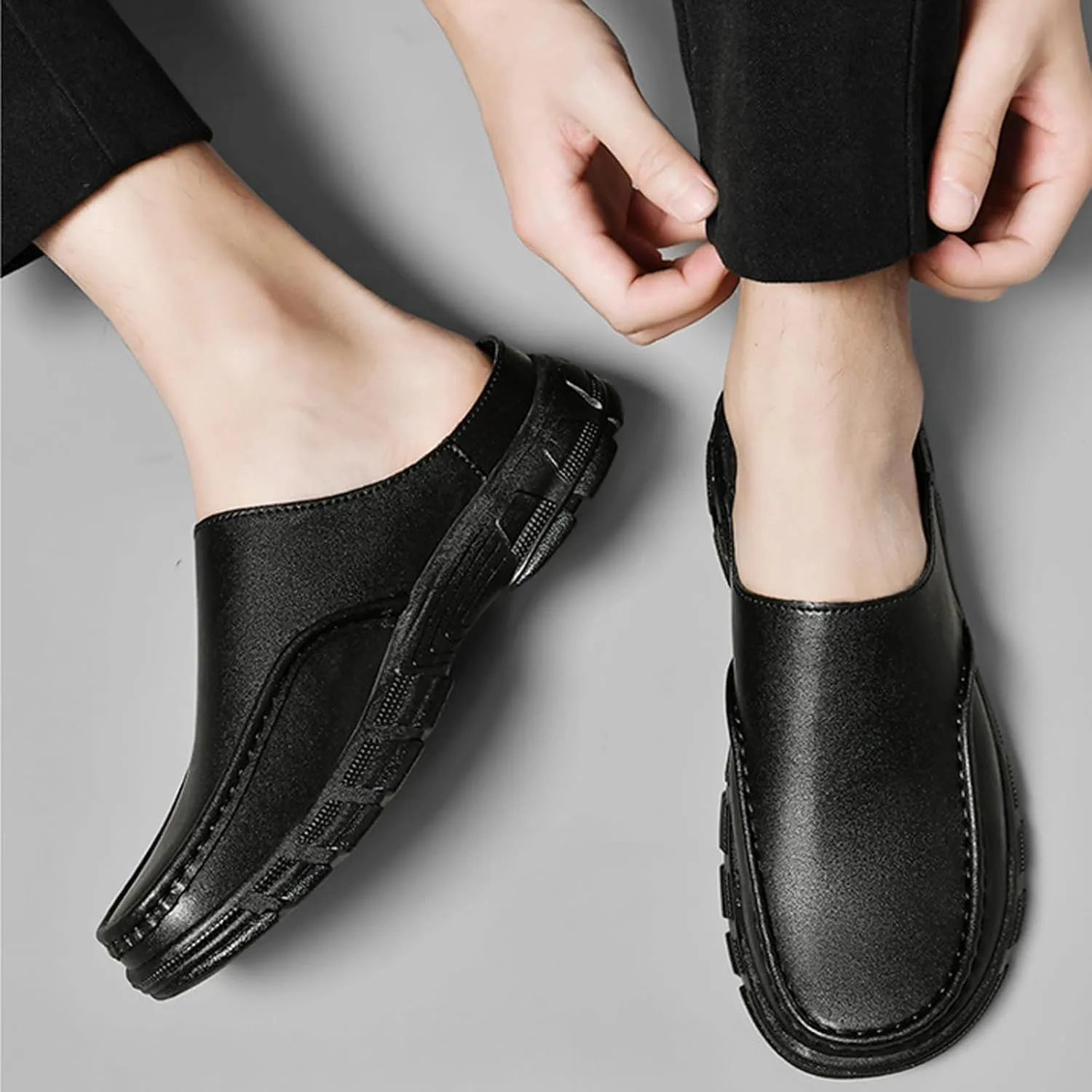 Men's Genuine Leather Lug Sole Dress Mules Comfort Wide Round Toe Soft Bottom Non Slip Slip-On Casual Slides Sandals for Office Daily Walking