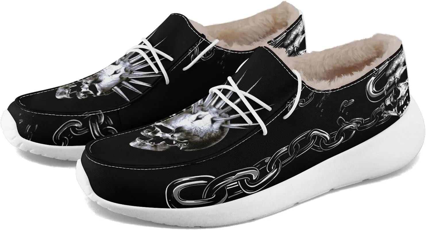 Men's Gothic Casual Loafers, Skull Canvas Fur Lined Slip On Shoes Moccasins Confortable Lace Up Warm Winter Shoes for Women