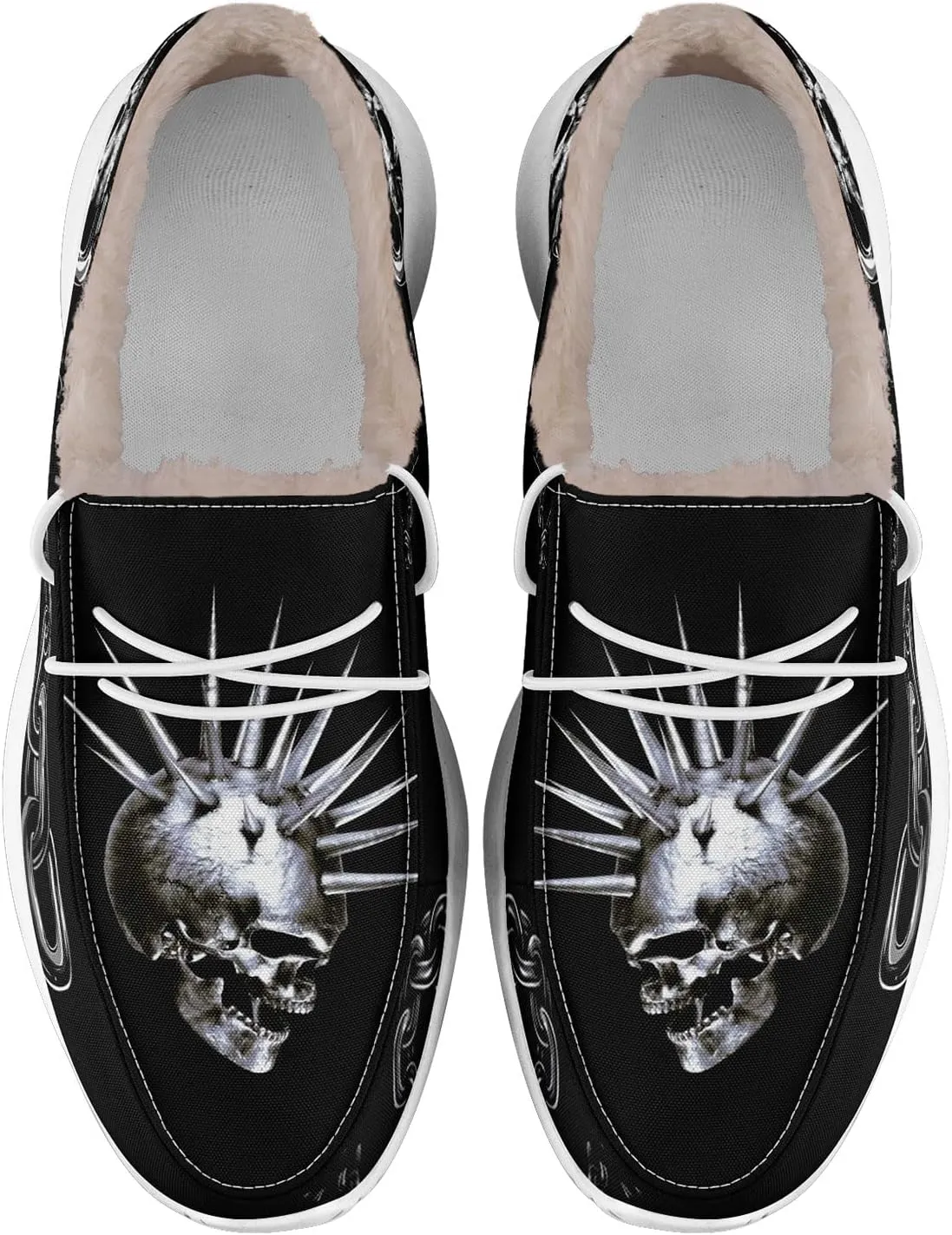 Men's Gothic Casual Loafers, Skull Canvas Fur Lined Slip On Shoes Moccasins Confortable Lace Up Warm Winter Shoes for Women
