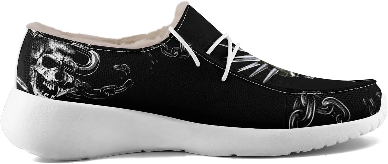 Men's Gothic Casual Loafers, Skull Canvas Fur Lined Slip On Shoes Moccasins Confortable Lace Up Warm Winter Shoes for Women
