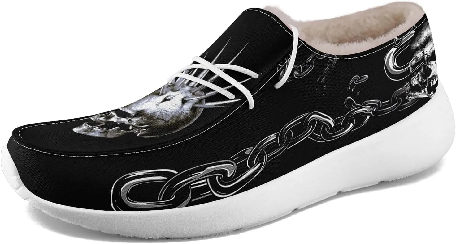 Men's Gothic Casual Loafers, Skull Canvas Fur Lined Slip On Shoes Moccasins Confortable Lace Up Warm Winter Shoes for Women