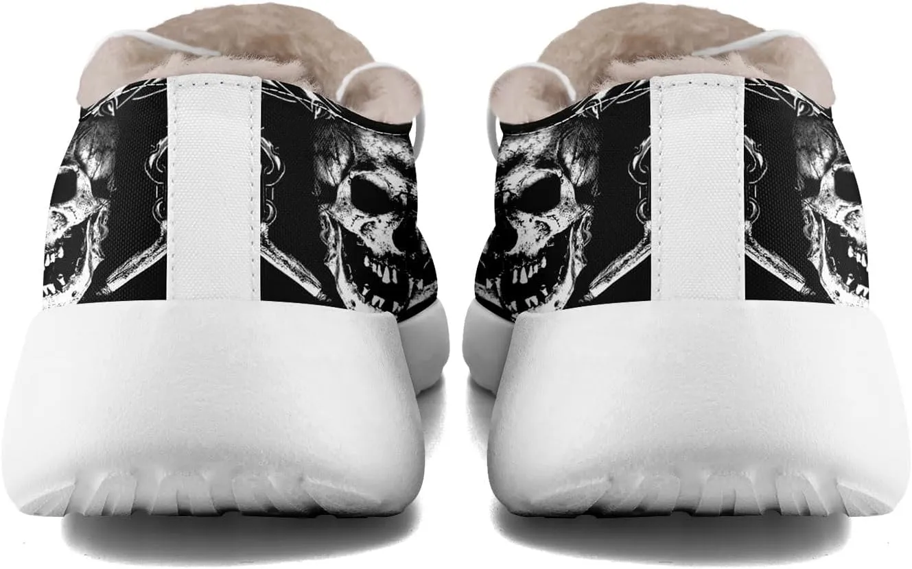 Men's Gothic Casual Loafers, Skull Canvas Fur Lined Slip On Shoes Moccasins Confortable Lace Up Warm Winter Shoes for Women