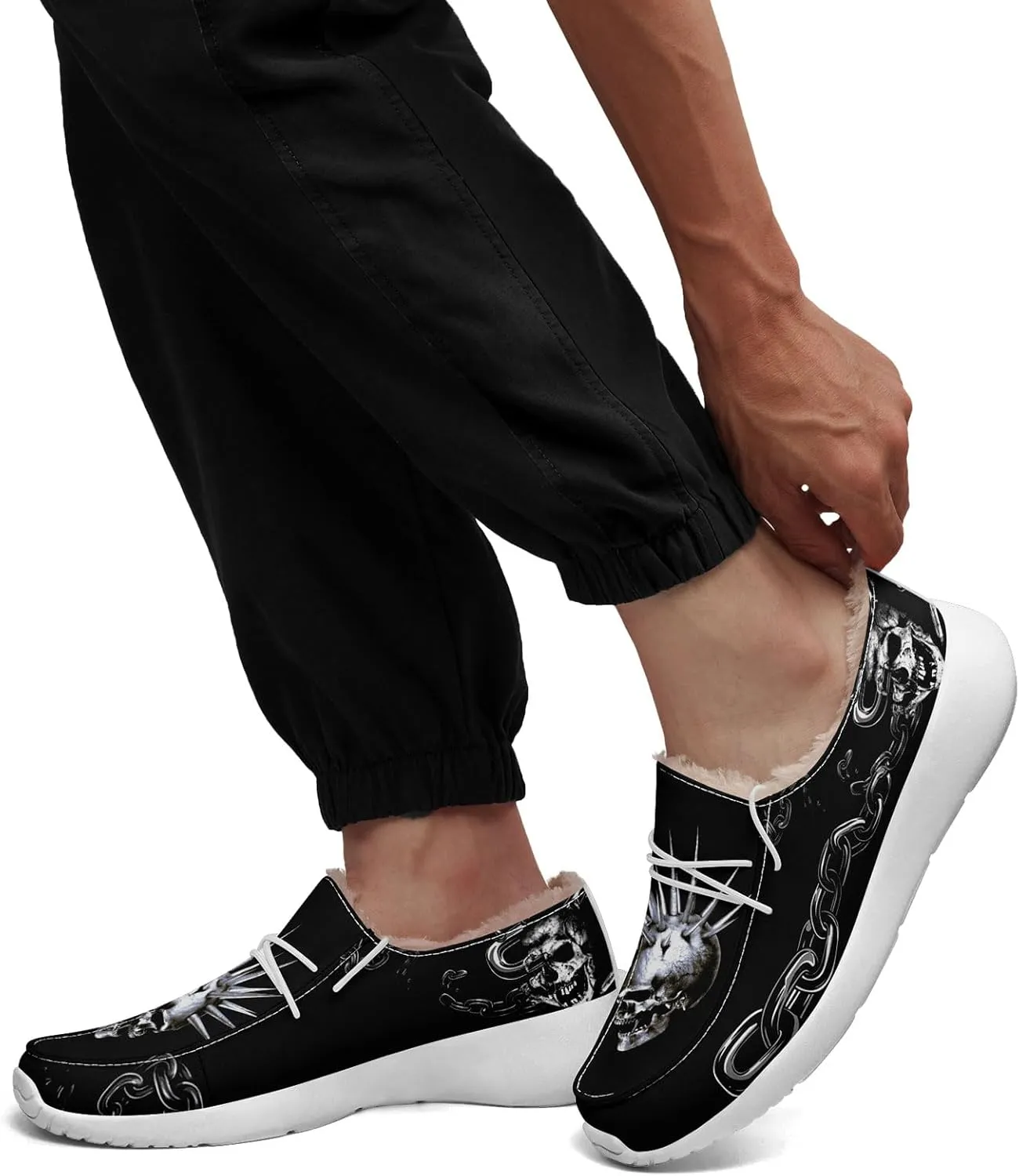Men's Gothic Casual Loafers, Skull Canvas Fur Lined Slip On Shoes Moccasins Confortable Lace Up Warm Winter Shoes for Women