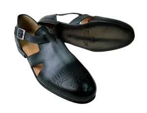 Mens Gray-Black Handcrafted Italian all Leather Luxury Dress Single Buckle Brogue Sandals (10, Sandals, Grey/Black)