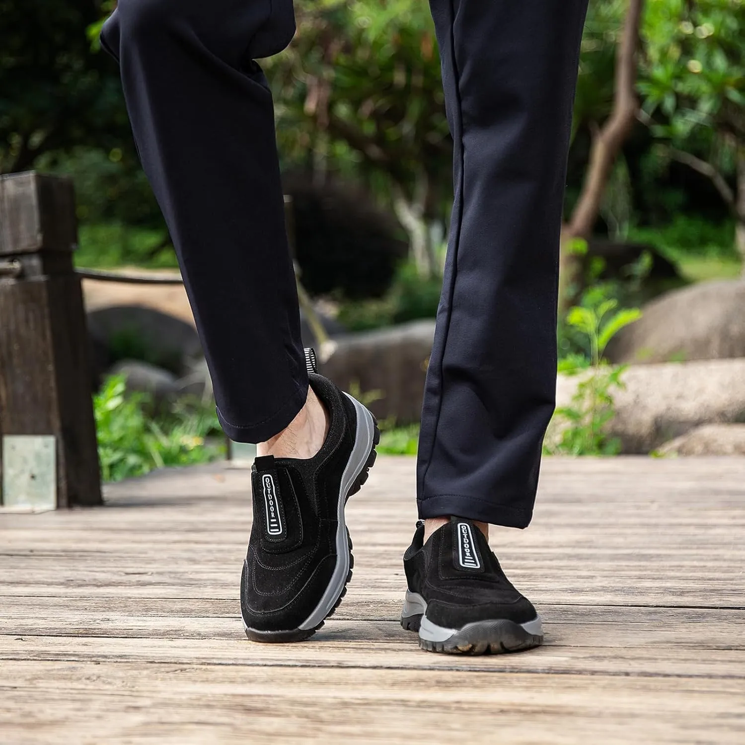Men's Hands Free Slip in Loafers Walking Shoes for Men Slip on Leather Casual Comfortable Breathable Hiking Working All-Terrain Ankle Boots Trekking